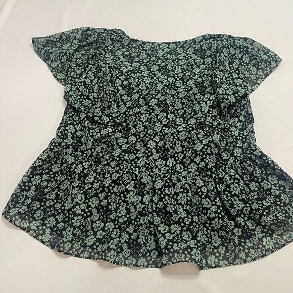 Madewell Georgette Green Floral Faux Wrap Short Sleeve Peplum Top Small Womens - Picture 6 of 7